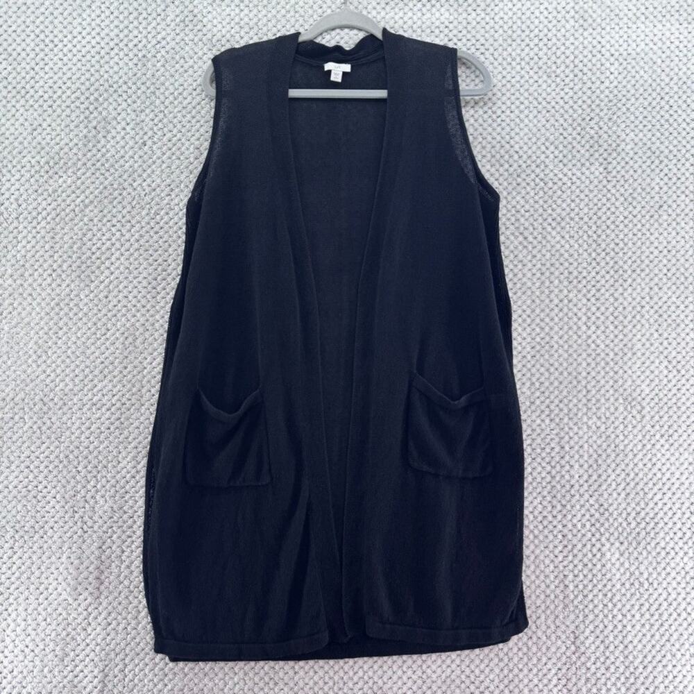 J Jill Cardigan Womens LP Black Linen Knit Open Front Pockets Sleeveless Casual